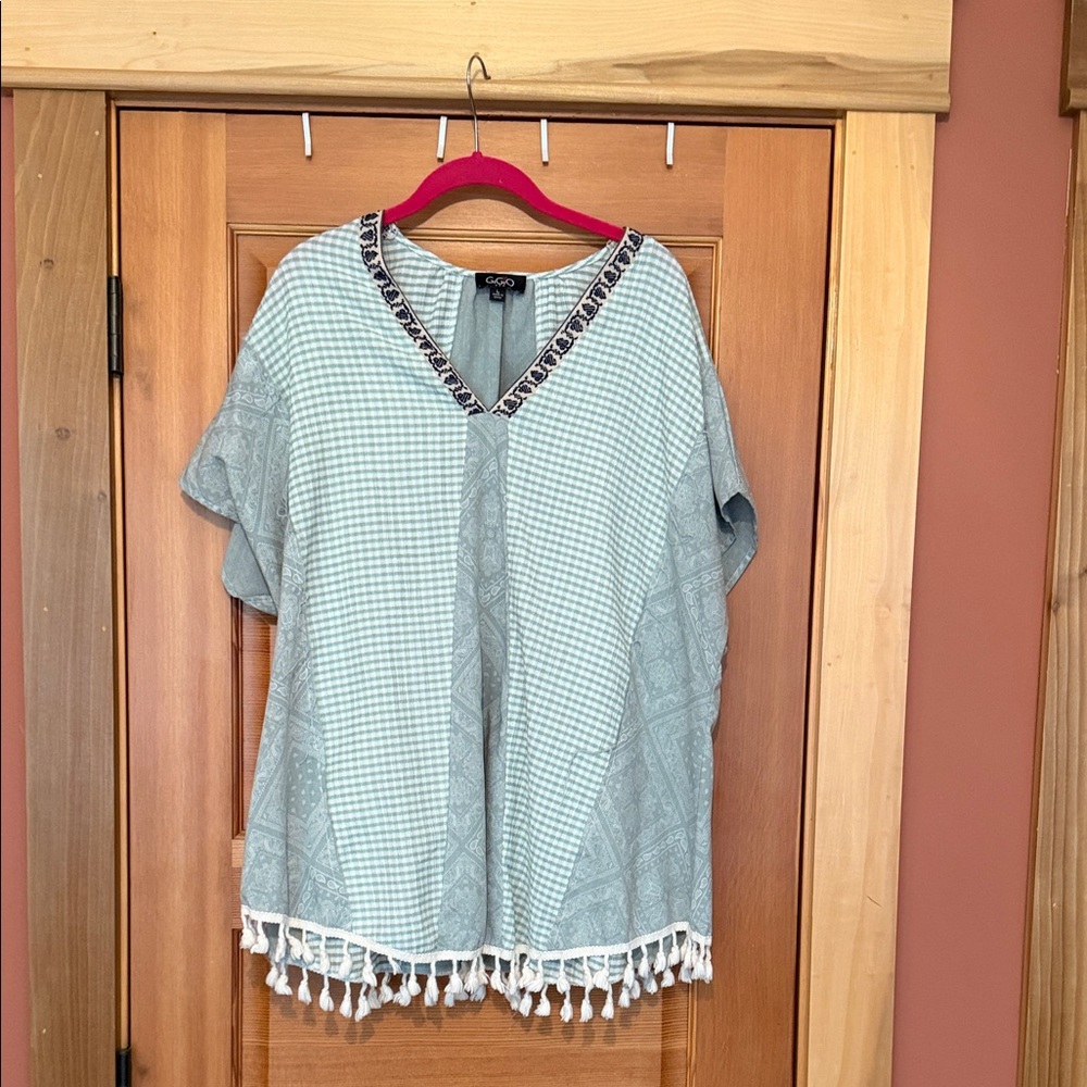 Gigi Moda Light green Embroidered V-Neck Tassel Tunic